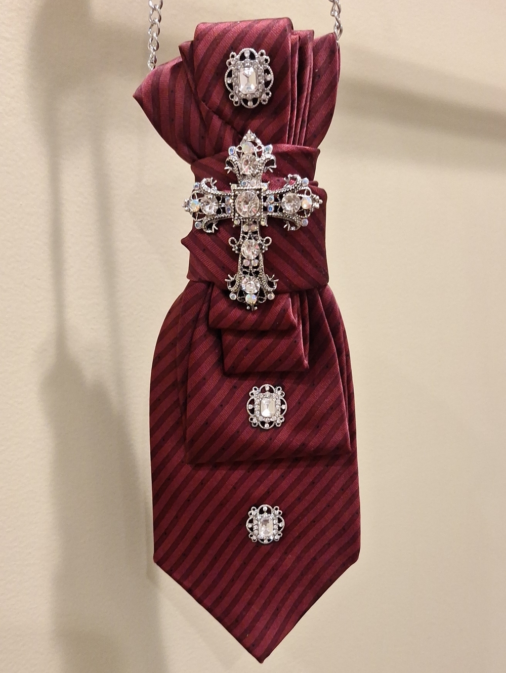 Perry Ellis Upcycle Burgundy Striped Necktie Necklace with Ornate Cross Pin